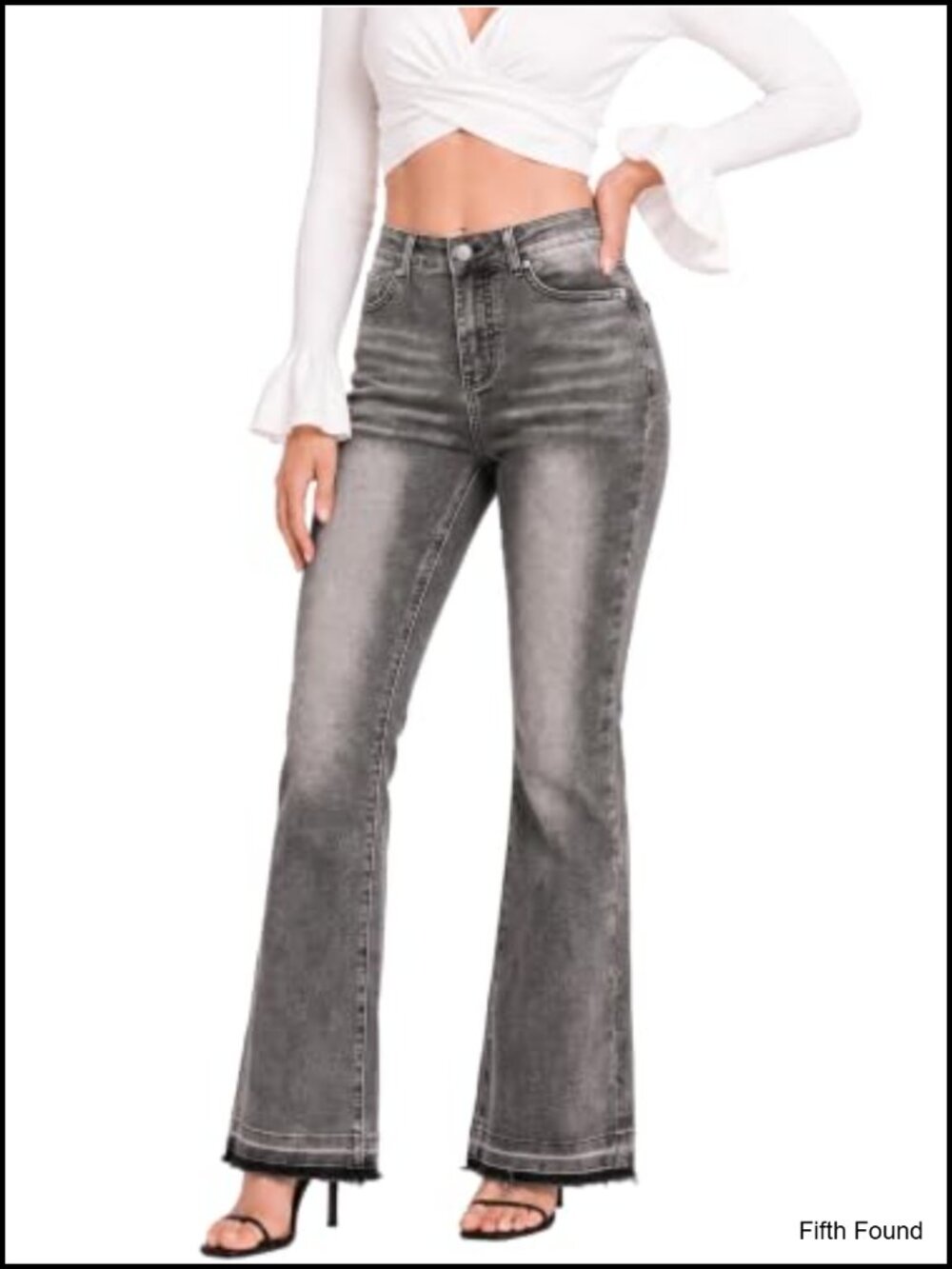 High Waisted Flare Jeans Raw Hem Stretch Denim Pants
